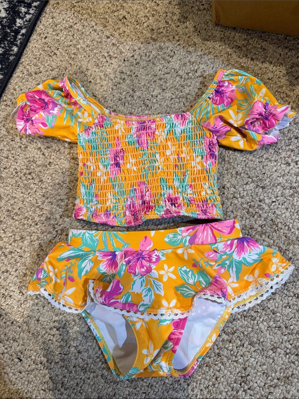 Yellow Floral Girls Two-Piece Swim Set with Puff Sleeves